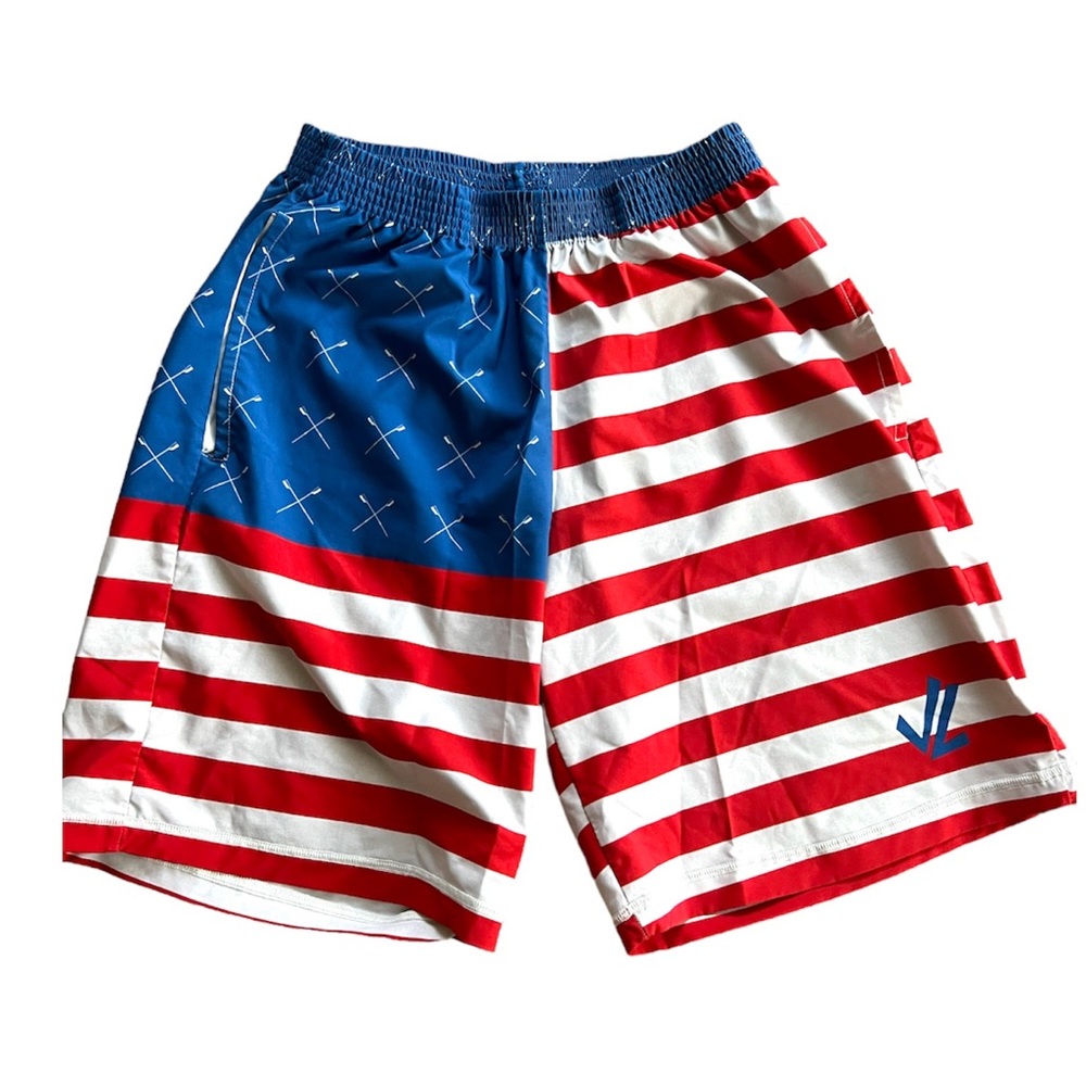 JL RACING Shorts SWIM TRUNKS Rowing Athletic Wear Sz L, American Flag USA Print